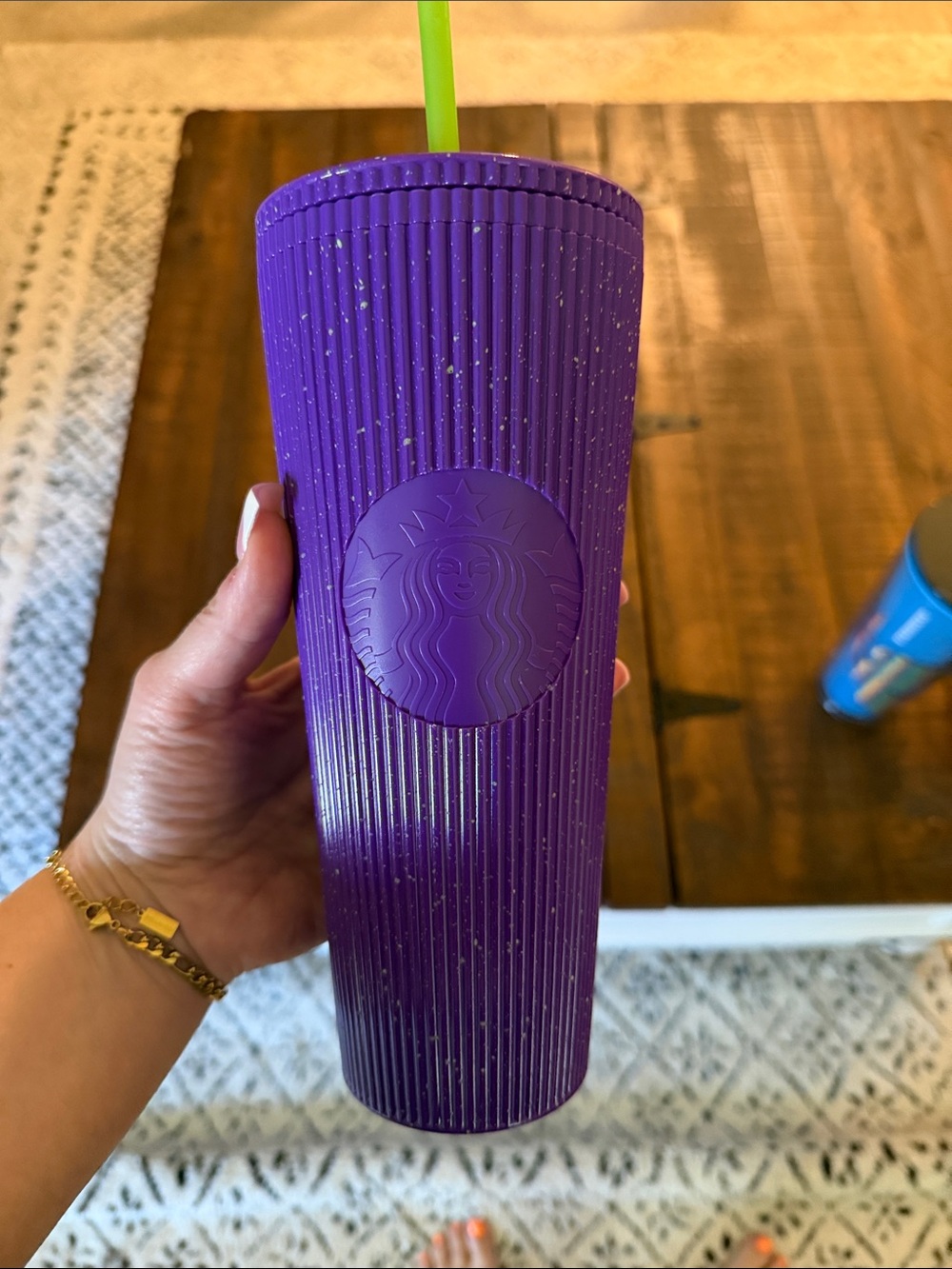 Starbucks Deep Purple Ribbed Tumbler with Lime Green Straw